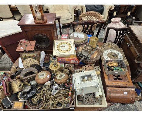 A quantity of collectables, clocks, movements, brasswares, a barometer, etc. 