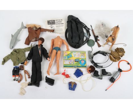 Vintage Action Man Palitoy Action Figures Dolls and Accessories. Including Deep Sea Diver parts, talking action with damage t