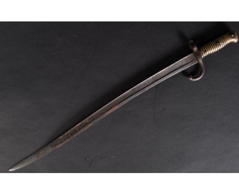 A 19th Century French 1866 pattern ' Chassepot ' rifle bayonet. The bayonet having ribbed brass hilt, muzzle ring and forward