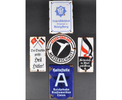 A collection of x5 assorted WWII Second World War Third Reich Nazi German enamel wall plaques and propaganda signs. Examples 