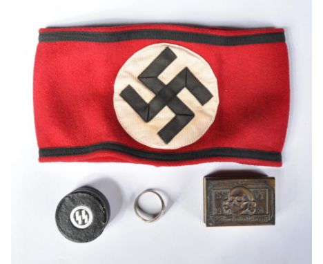 A collection of WWII Second World War Third Reich Nazi German SS Officer items comprising a cloth armband with RZM 70/36 labe