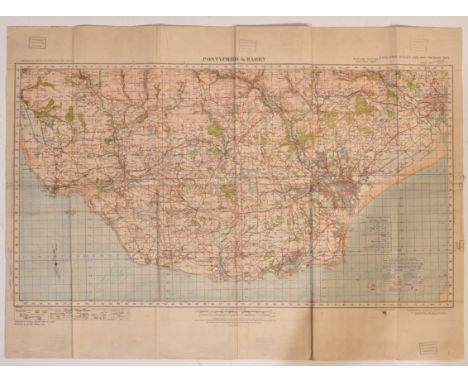 A WWII Second World War Wales Home Guard OS Map dated 1940. Pontypridd &amp; Barry. Originally published by the Ordnance Surv