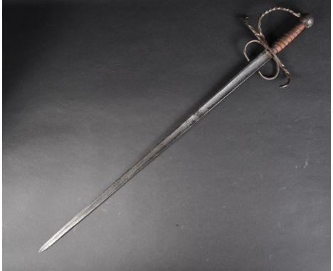 A 20th Century Rapier style broadsword with round ball shaped pommel, wooden grip, twisted knuckle guard and sweeping cross g