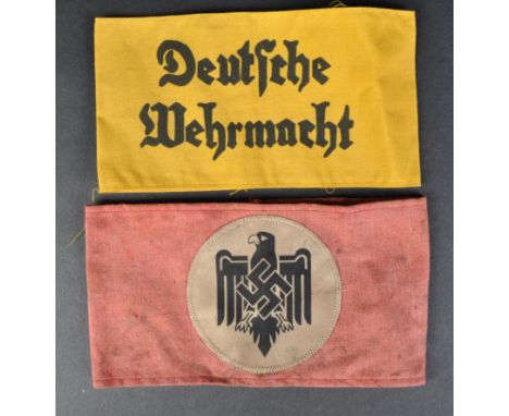 Two WWII Second World War Third Reich Nazi German style cloth armbands comprising a yellow ' Deutsche Wehrmacht ' as worn by 
