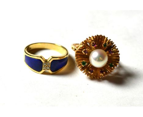 A lapis lazuli and diamond ring, stamped '14K' '585', finger size J; and a cultured pearl, ruby and emerald fanned ring, stam