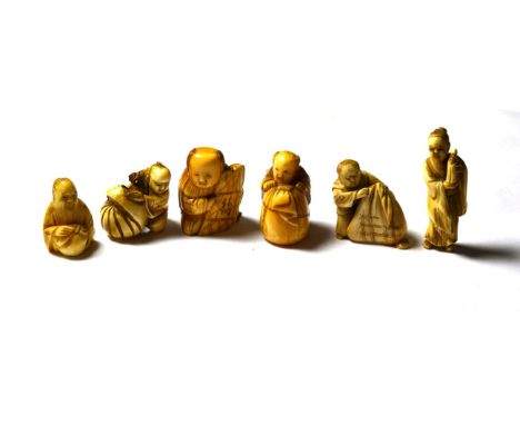 A collection of six Japanese ivory figural netsuke, Meiji period (1868-1912) various including scribe with tablet etc, rangin