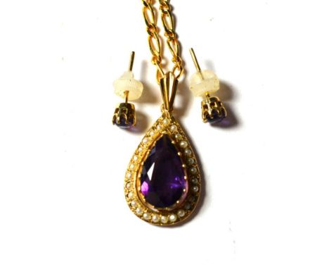 A 9 carat gold amethyst and seed pearl pendant on chain, stamped '375', pendant length 3.2cm, chain length 44.5cm; and a pair