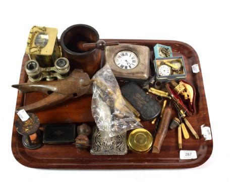 Assorted collectables including carriage clock, silver case for pocket watch, nut crackers, opera glasses etc 