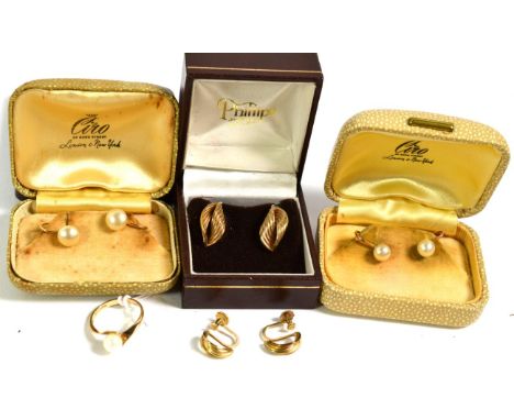 Two pairs of cultured pearl earrings, with screw fittings, stamped '9CT'; a 9 carat gold cultured pearl ring, finger size L; 