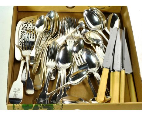 A collection of silver Fiddle pattern flatware, including: a William IV fish-slice, London, 1836; twelve Victorian dessert-fo