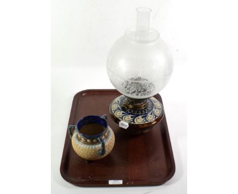 Royal Doulton stoneware table oil lamp, with glass reservoir and shade; together with a footed bowl with three handles (2)