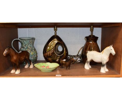 Two Poole Pottery lustre table lamps; two Beswick shire horses and a pony; a Beswick jug and a Carlton ware Australia pattern