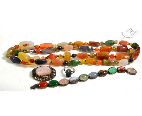 A hardstone necklace, length 97cm; an opal ring, unmarked, finger size N1/2; a quartz brooch, length 4.1cm; and an agate brac