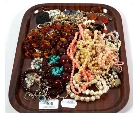 A small quantity of costume jewellery including cultured and simulated pearl necklaces, an amber type necklace, silver pendan