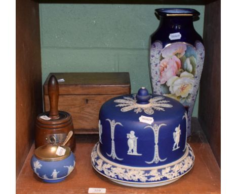 A Jasperware blue and white cheese dome; a presentation mallet dated 1899; a tea caddy; a floral decorated vase; and a preser