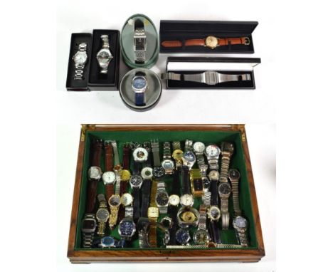 A box of watches including Zeiko Kinetoc, Zodiac automatic, Zeiko titanium and two Citizen eco-drive 