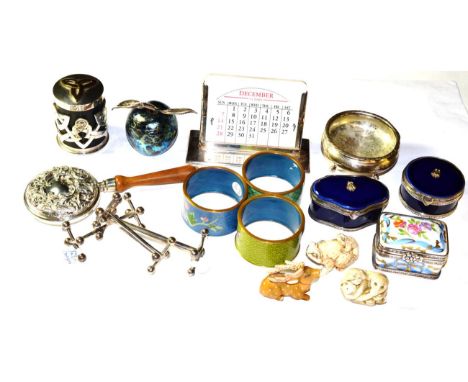 A collection of silver and objects of vertu, including: three cloisonne enamel napkin-rings; two silver-plate mounted blue Li