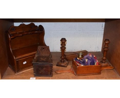 Early 19th century Provincial candle box; pipe rack; turned oak candlesticks etc 