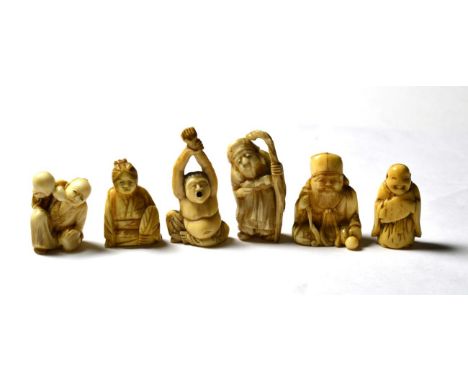 A collection of six Japanese ivory figural netsuke, Meiji period (1868-1912) various including seated man with double gourd e