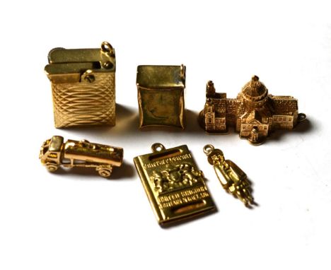 Six 9 carat gold charms/pendants including a lighter, a passport, a tanker etc.  Gross weight 30.7 grams. 