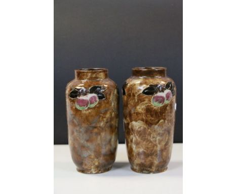 Pair of vintage Royal Doulton glazed Stoneware Vases with Tube lined Fruit decoration &amp; numbered X8909A 15676 to the base