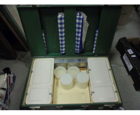 Vintage Green Cased Part Fitted Picnic Set including The SPO Picnic Outfit Containers and Jars and a Sirram Cutlery Case