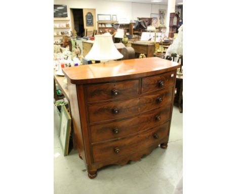 Victorian Mahogany Bow Fronted Chest of Two Short over Three Long Drawers with Mother of Pearl Inset Turned Wooden Handles ra
