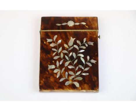 Vintage Tortoiseshell Card case inlaid with Mother of Pearl in Floral design, case approx 10 x 7.5cm