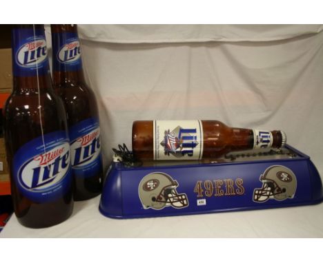 Advertising -' Miller Lite ' Beer Bottle Light, 105cms long together with Two Blow Up Miller Lite Beer Bottles, 90cms high