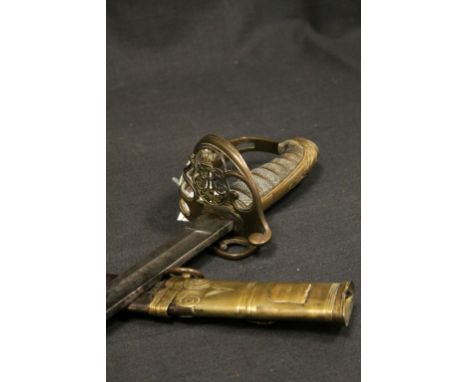 Victorian Officers Sword with leather &amp; Brass scabbard, Shagreen grips etc and Fold down guard, with hanging loops for be