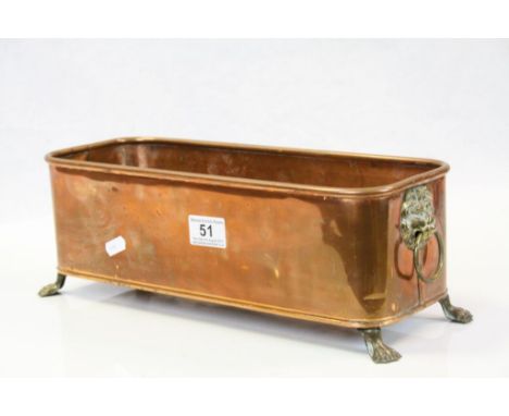 Copper Planter with Brass Lion Mask Handles and Four Brass Lion Paw Feet, 39cms long