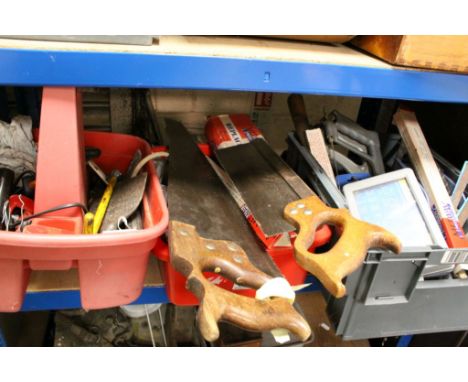 Collection of misc tools etc to include tenon saw, hacksaws, pliers, castrol can etc