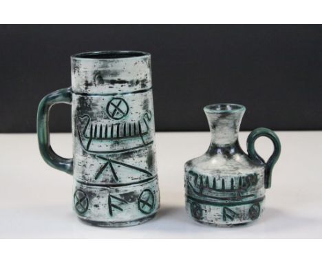 Two vintage Studio Pottery items with Rune type decoration and marked "Arol Handmade Norway" to base, taller example approx 1