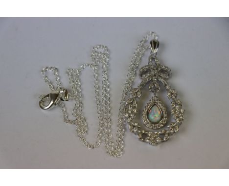 Silver and CZ Art Nouveau style pendant necklace with opal panel 