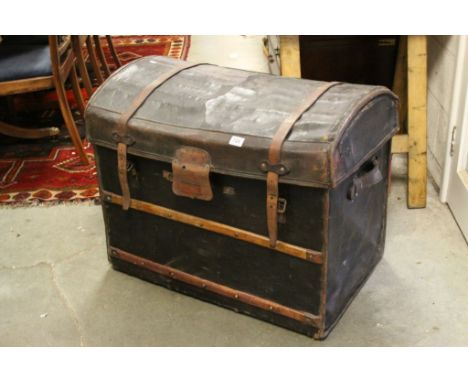 Large Victorian Wicker Canvas and Leather Covered Domed Top Travelling Trunk / Case with Inner Tray, 82cms wide x 66cms high