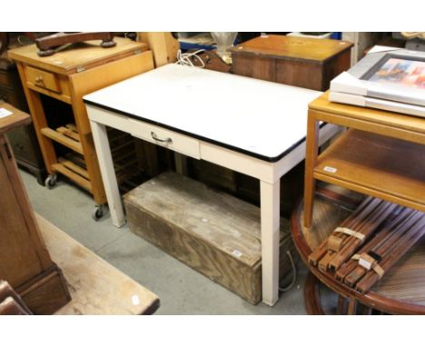 Vintage White Enamel Kitchen Table with Small Drawer, 107cms long x 61cms deep x 74cms high