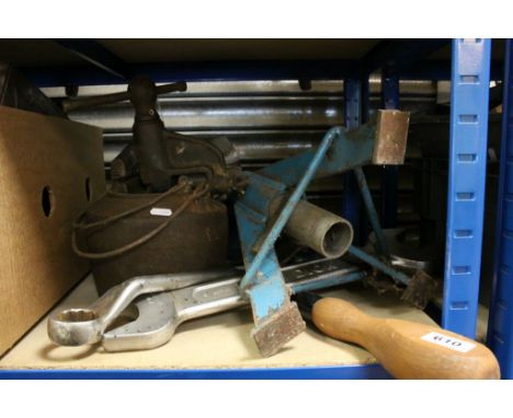 Mixed Lot of Tools including Pair of Acrow Props, Glue Pot, King Dick Spanner, London Pattern Screwdriver. Small Vice and a R