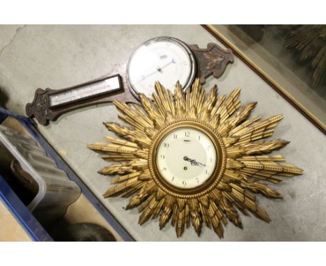 Vintage Smiths Gilt Coloured Sunburst Wall Clock together with Early 20th century Oak Cased Barometer / Thermometer