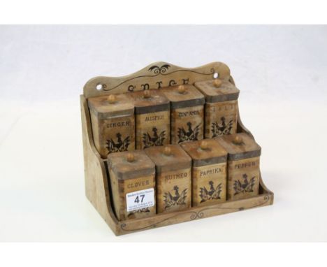 Retro / Vintage Wooden Spice Rack with Eight Wooden Spice Jars with Lids