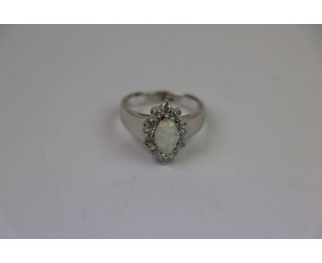 Silver Lozenge shaped CZ and Opal set ring 