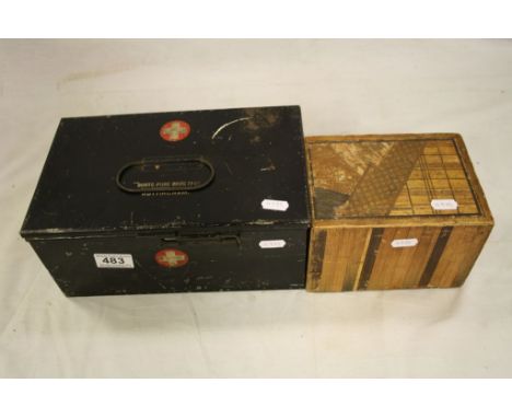 Vintage ' Boots ' Metal First Aid Tin, 19th century Straw Box and another Box with Pair of Brass Candlesticks and a Brass Ele
