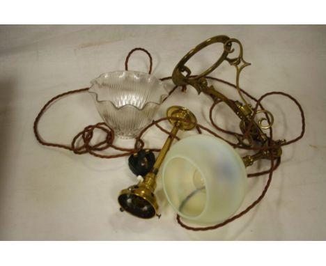 Arts and Crafts Brass Wall Light with adjustable arm and opaque glass shade together with another Brass Light Fitting with Ri