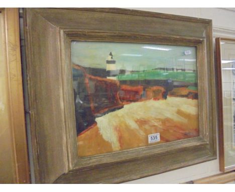 Vintage oil painting on panel of a shore scape with light house Monogrammed DMC