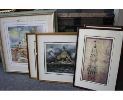 Signed print of a Medieval town, two prints of St Michaels Mount and two others (5)