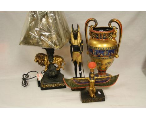 Four Egyptian Inspired Items including a Table Lamp, Vase, Guard Dog and Goddess