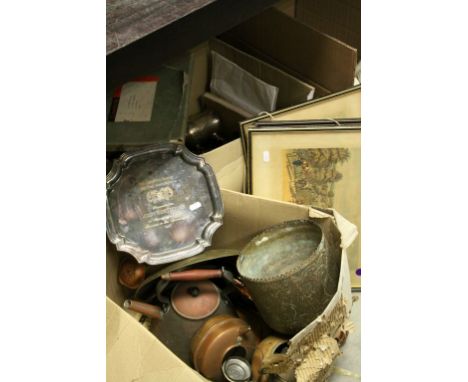 Two Boxes of vintage Metalware to include; Copper &amp; Brass Kettles, Middle eastern Brass planter, Silver Plate together wi