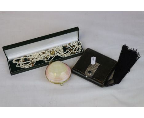 Boxed freshwater Pearl necklace, Shell purse, Hinged Leather Cigarette box with a White metal mount