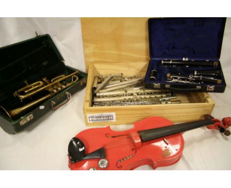 Cased Part Clarinet, Electric Violin (a/f), Cased Part Trumpet and a Box of Flute Parts 