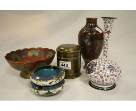 Collection of Cloisonne Items including a Vase and a Brass Engraved Tea Caddy