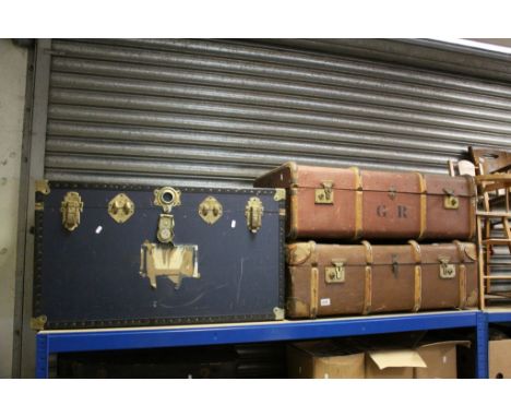 Two Vintage Wooden Bound Travelling Trunks / Suitcases together with a Large Blue Trunk